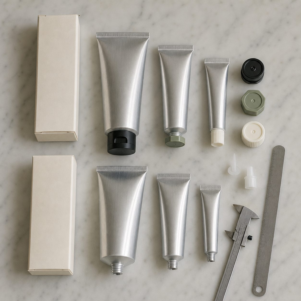 Blank aluminum hand cream tubes in several sizes with cap nozzle carton and measurement samples for packaging review