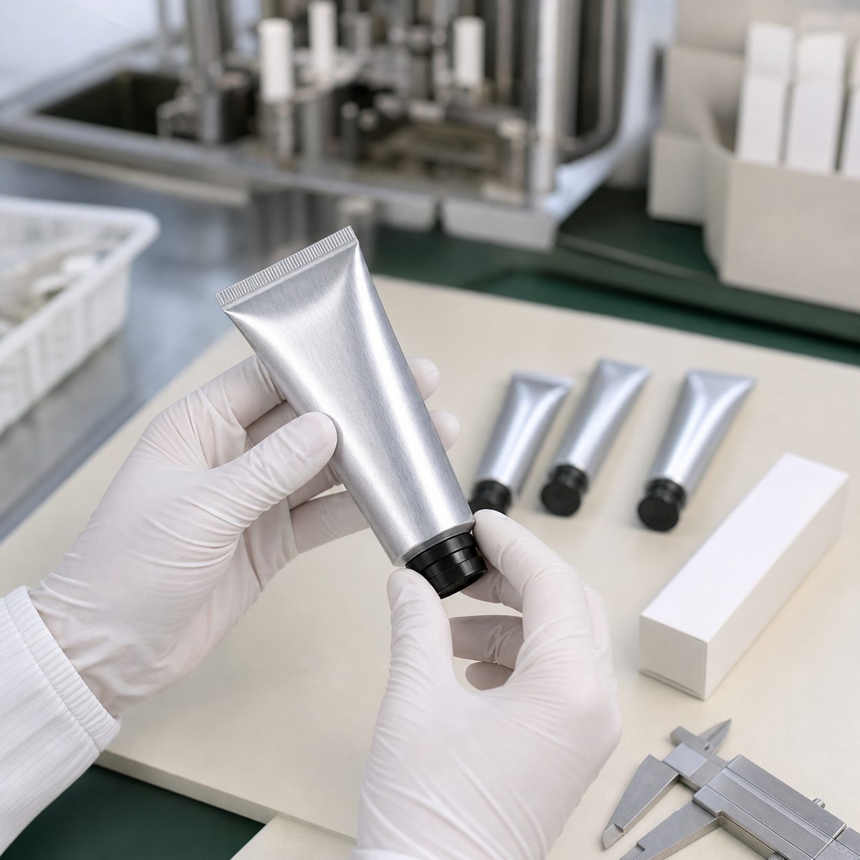Gloved technician checking an aluminum hand cream tube crimp seal and cap fit on a cosmetics factory QC table