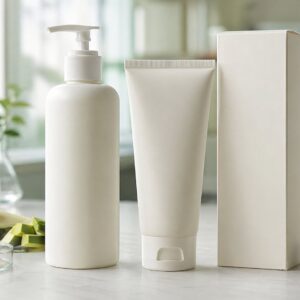 Private label avocado marshmallow body lotion pump bottle tube blank carton and cream texture on skincare lab table
