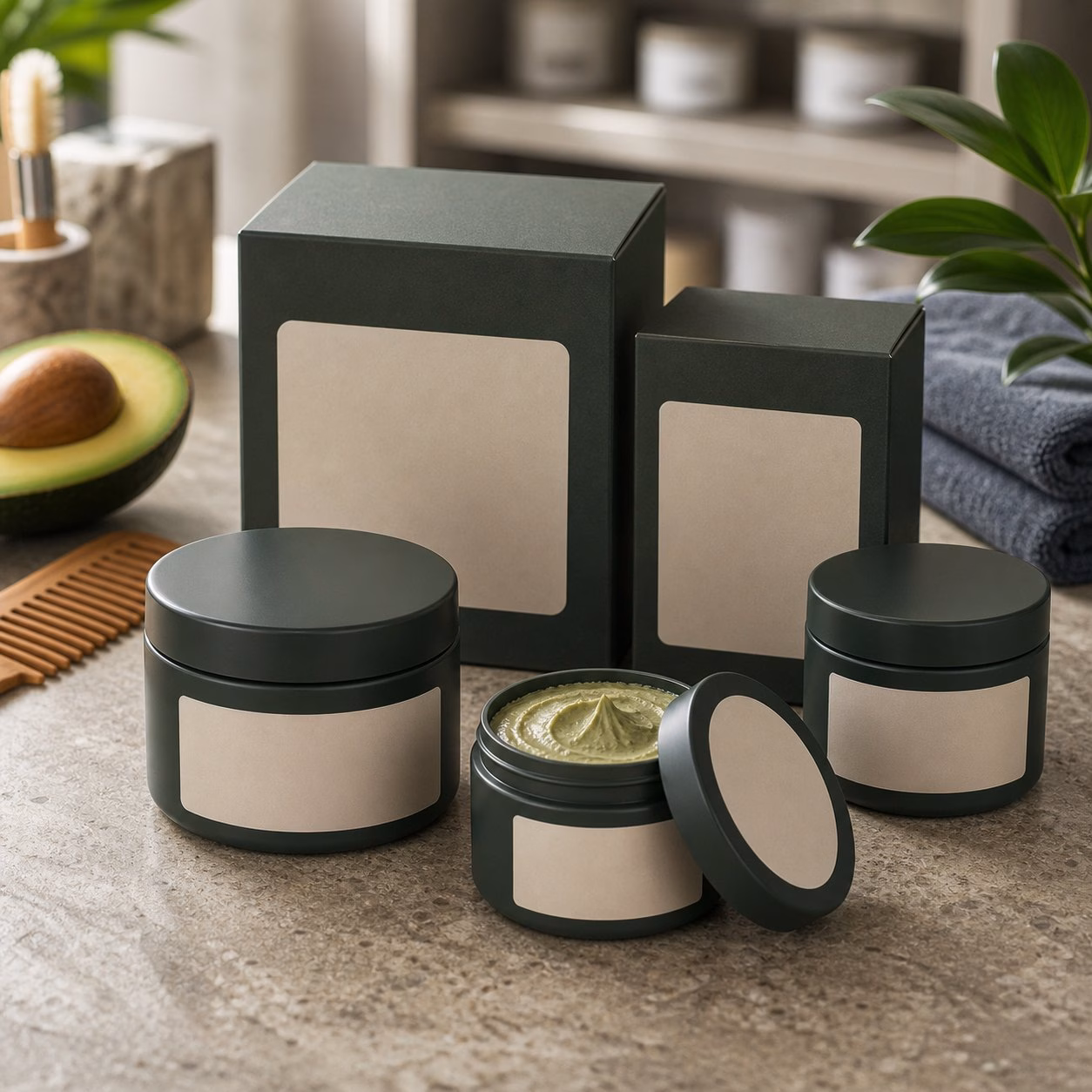Private label avocado matte hair clay packaging options with blank jars cartons and texture sample