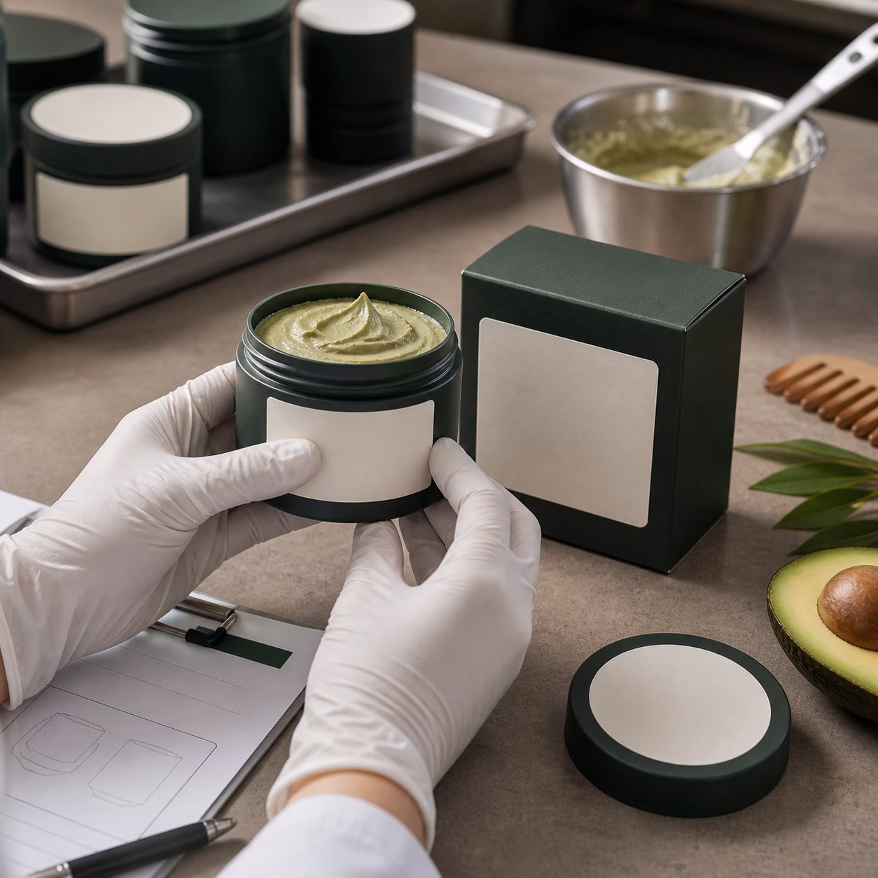 Gloved hands checking blank label avocado matte hair clay jar and carton on factory sample table