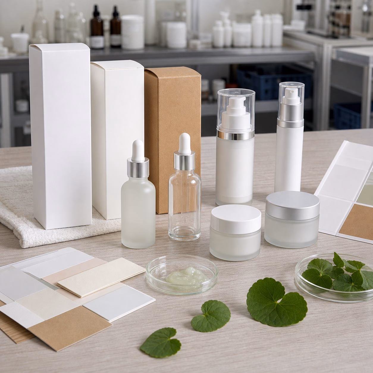 Blank dropper pump bottle carton label swatches and serum texture options for azelaic centella serum OEM projects