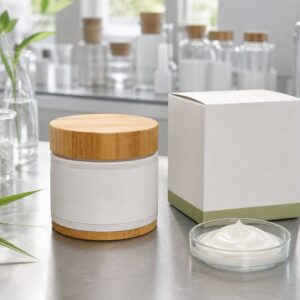 Private label bamboo panthenol cream blank jar carton and cream texture sample with no printed logo text