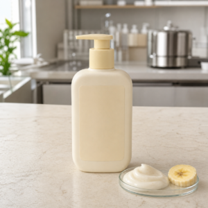 Blank-label banana cream body wash pump bottle and milky cleanser texture on a cosmetics sample table