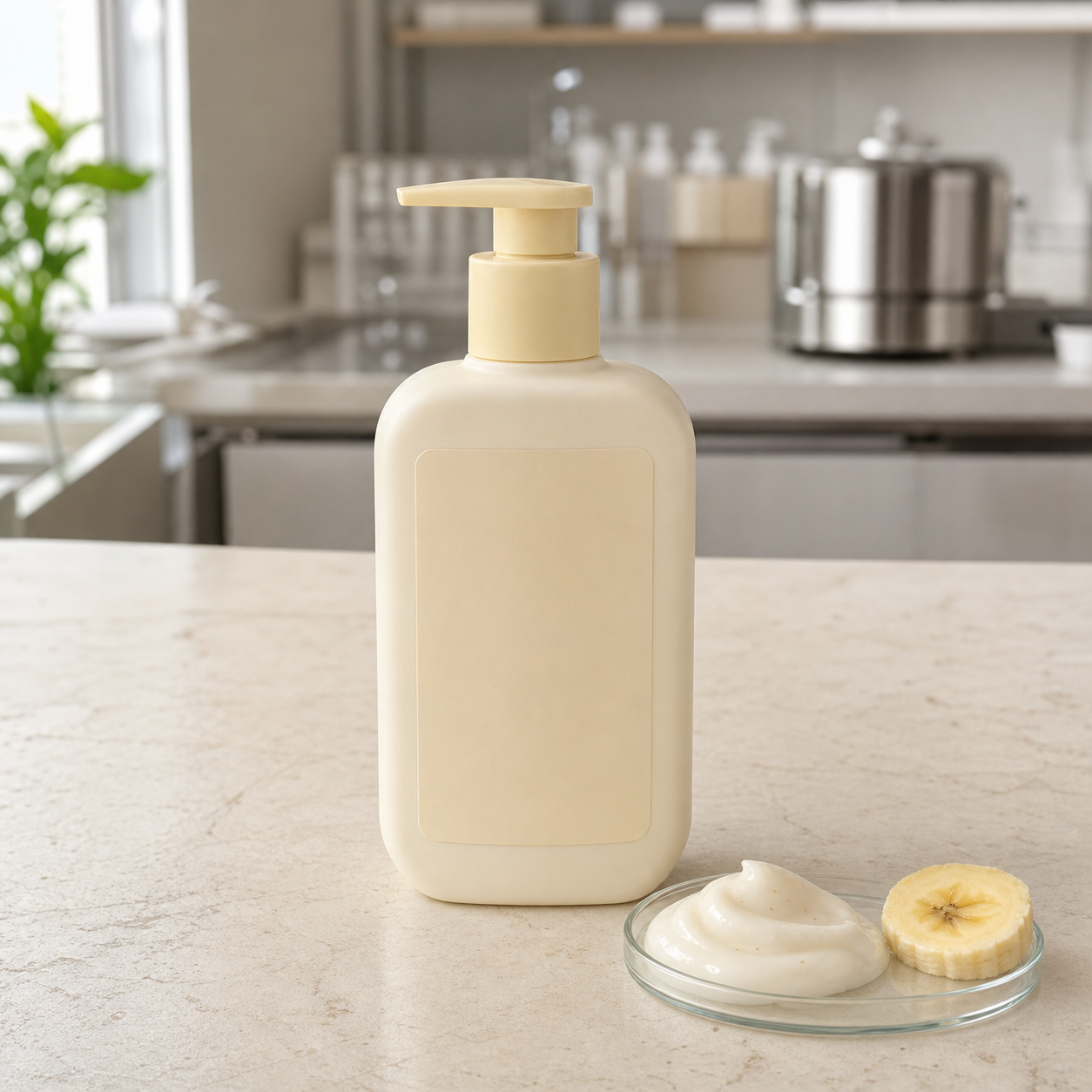 Blank-label banana cream body wash pump bottle and milky cleanser texture on a cosmetics sample table