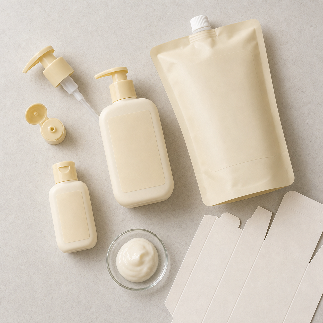 Blank pump bottle, travel bottle, refill pouch and carton options for a private label fruit-and-tea body care line