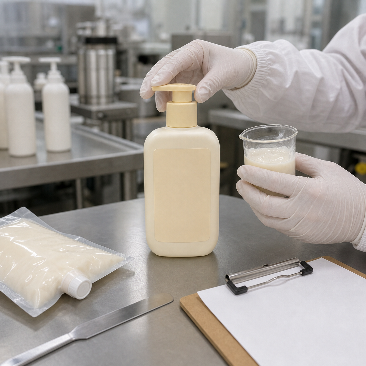 Gloved hands checking a blank banana cream body wash pump bottle and milky cleanser sample on a factory QC table
