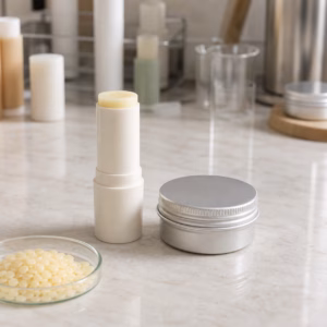 Blank beeswax-positioned lip balm tube and aluminum tin on a cosmetic sample table.