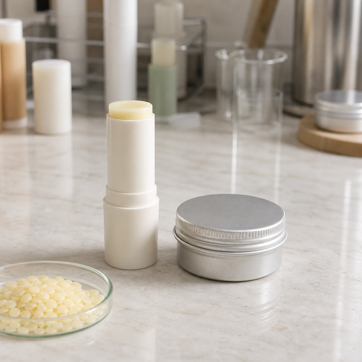 Blank beeswax-positioned lip balm tube and aluminum tin on a cosmetic sample table.
