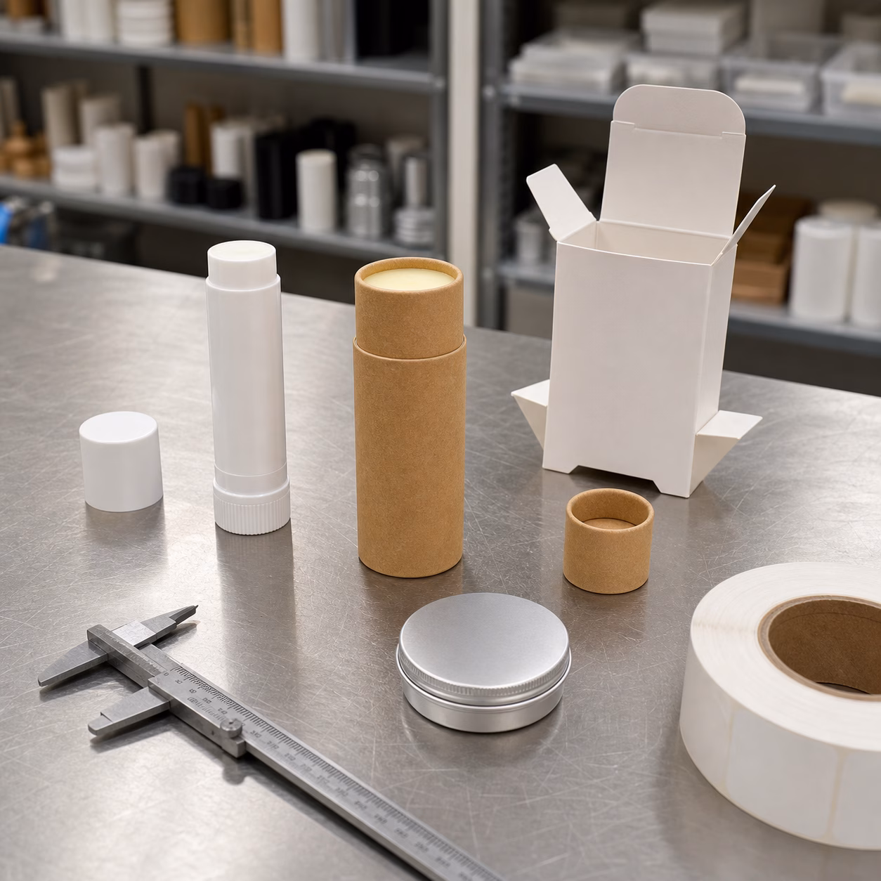 Blank plastic tube, paper tube, aluminum tin, carton, and label options for custom lip balm packaging.
