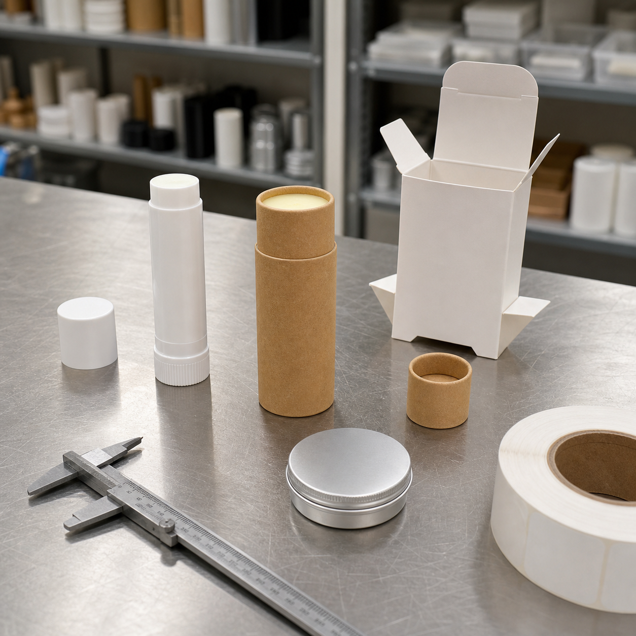 Blank plastic tube, paper tube, aluminum tin, carton, and label options for custom lip balm packaging.