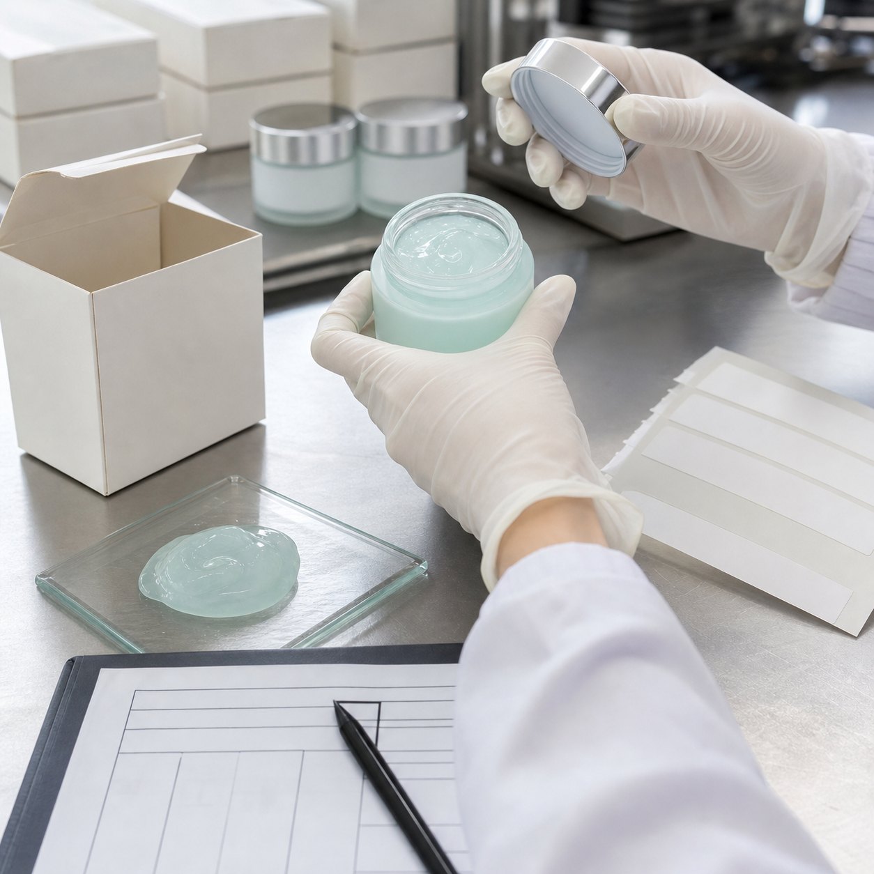 Gloved hand checking blank label overnight mask jar carton and gel texture during factory QC sample review