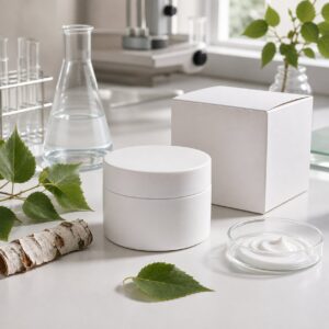 Private label birch juice moisturizing cream blank jar carton birch leaves and cream texture sample on GUOCUI lab bench