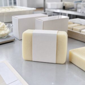 Private label butter cream moisturizing soap bar sample on a clean factory review table
