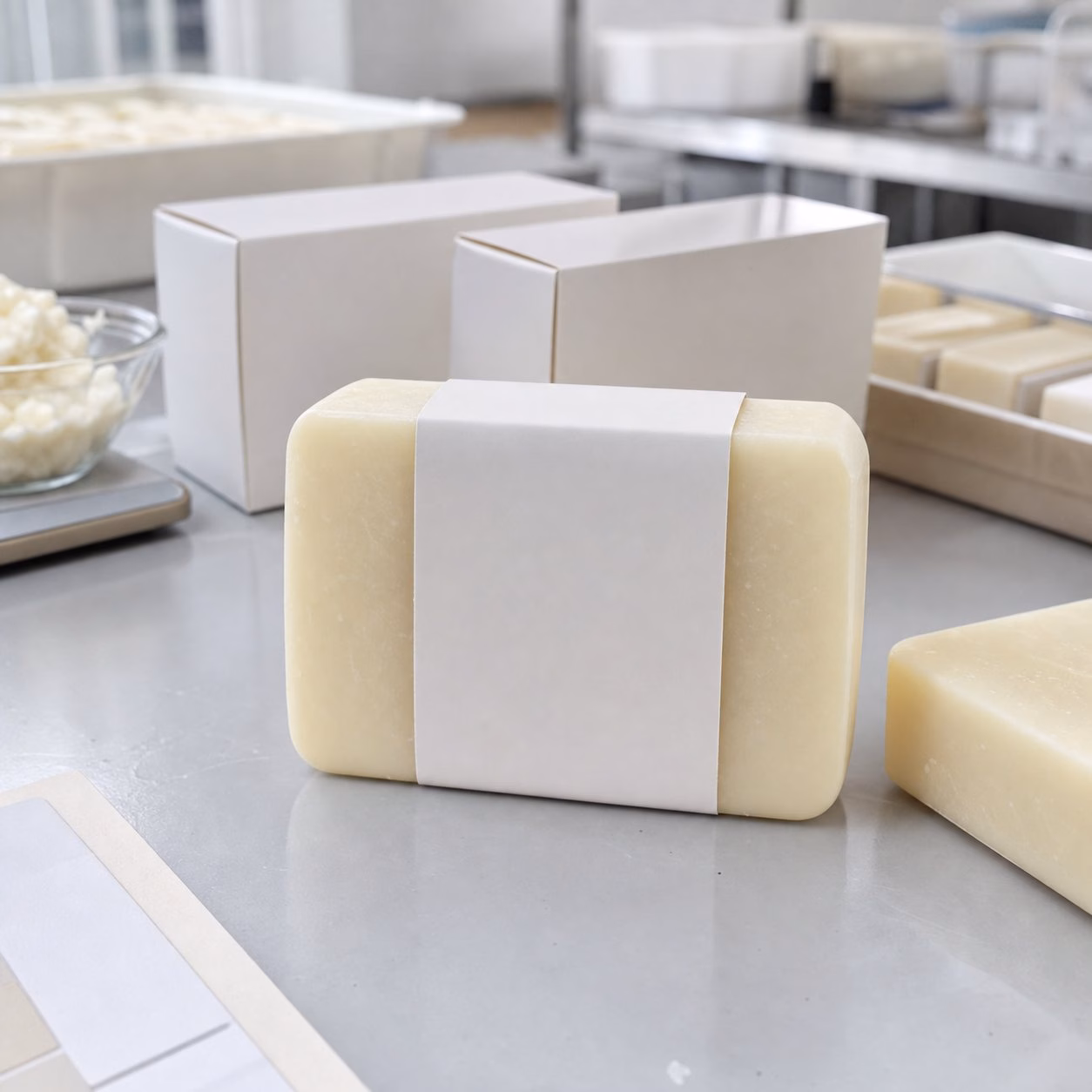 Private label butter cream moisturizing soap bar sample on a clean factory review table