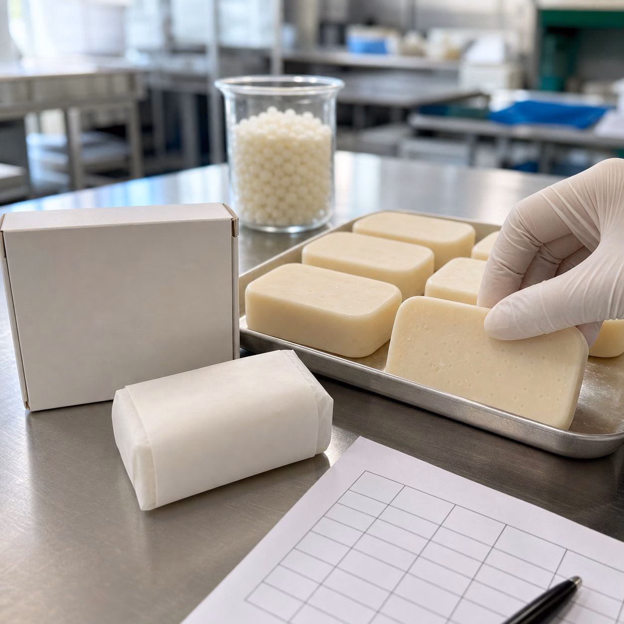 QC sample review scene for private label butter cream moisturizing soap bar production