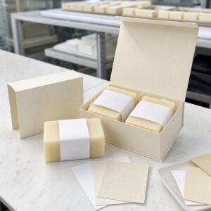 Butter cream soap gift set with blank wraps box and carton on GUOCUI factory sample table
