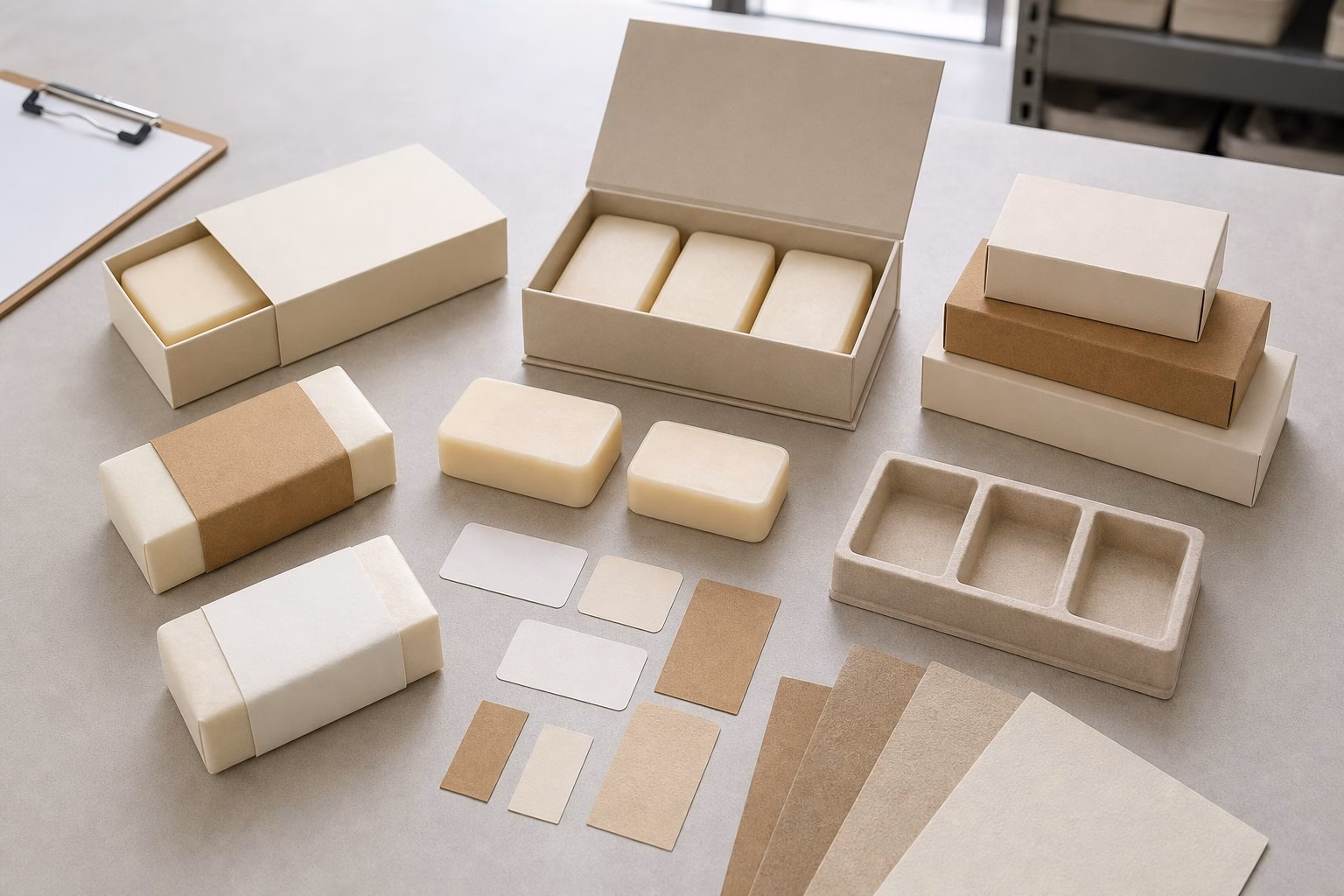 Blank sleeve rigid box wrap band insert tray and carton options for butter cream soap gift set