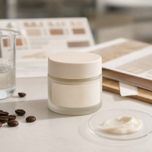 Blank-label caffeine eye care cream jar and texture sample on a GUOCUI product development table