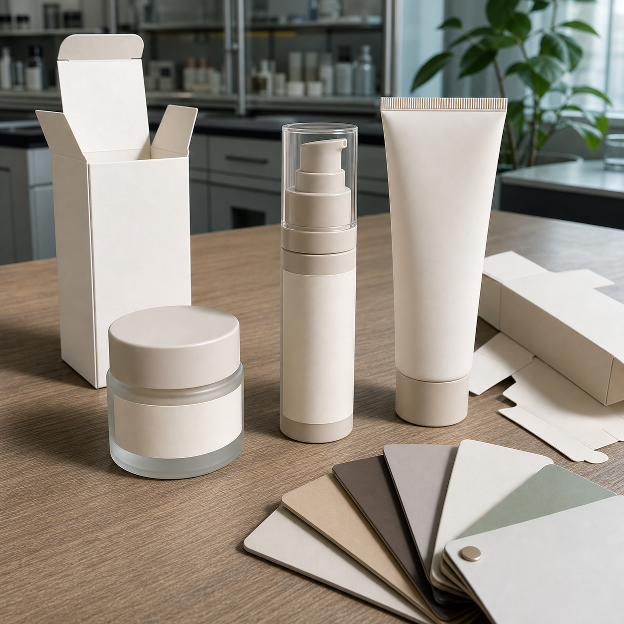Blank eye cream jar, airless pump, squeeze tube, cartons and material swatches on a factory packaging table