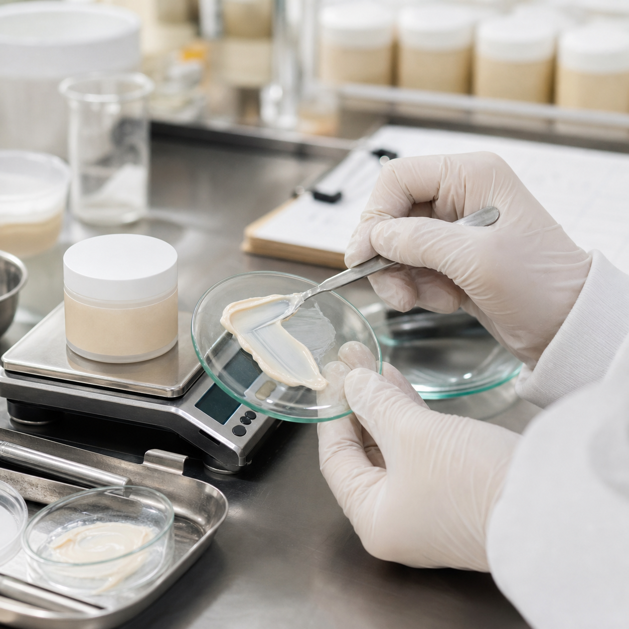 Gloved hands reviewing caffeine eye cream texture with a blank jar and scale on a cosmetics QC table