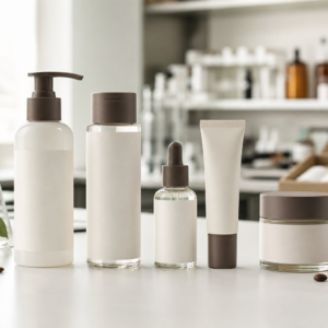 Five-piece blank-label caffeine face care set with cleanser toner serum eye care and cream on a factory sample table