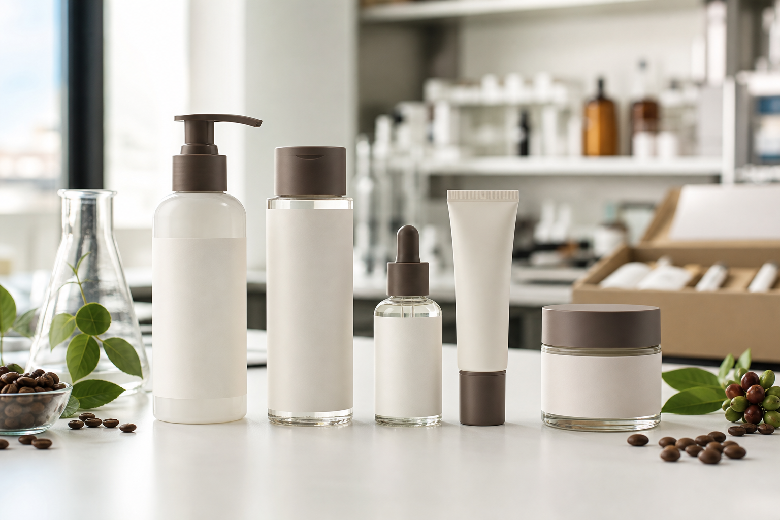 Five-piece blank-label caffeine face care set with cleanser toner serum eye care and cream on a factory sample table
