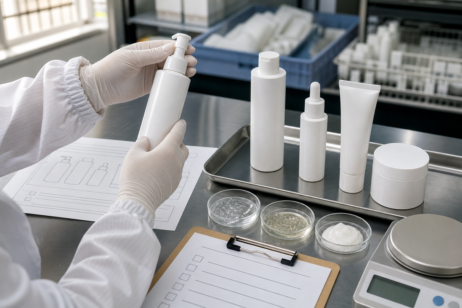 Gloved technician checking a blank skincare pump beside toner serum eye care and cream samples on a cosmetics QC table