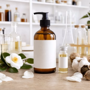 Private label camellia kapok body massage oil blank-label sample bottle on GUOCUI factory sample table