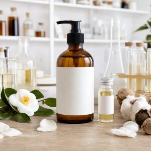 Private label camellia kapok body massage oil blank-label sample bottle on GUOCUI factory sample table