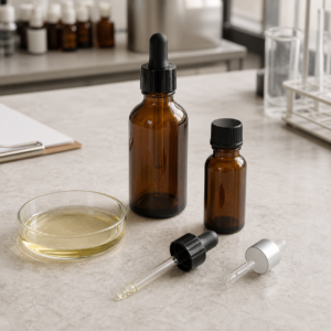 Blank amber bottle samples for a private label jojoba cosmetic oil project.