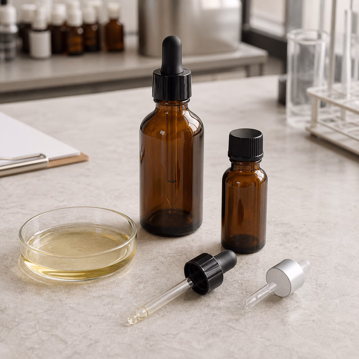 AI-generated illustration of blank amber bottles and cosmetic-oil packaging samples.