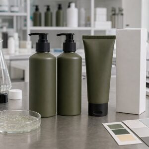 Private label cedar cypress body wash blank pump bottles tube carton and gel texture sample on factory table