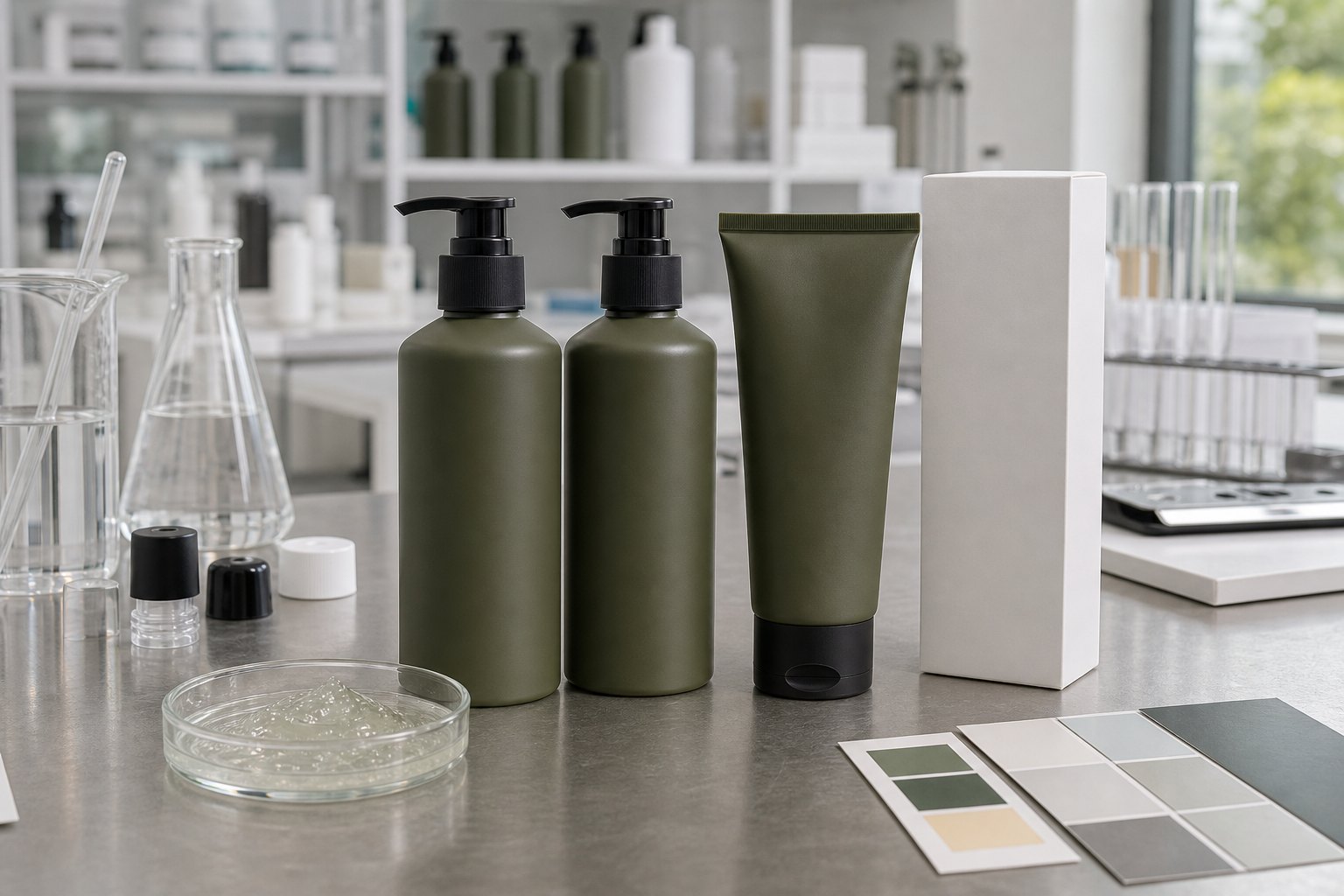 Private label cedar cypress body wash blank pump bottles tube carton and gel texture sample on factory table