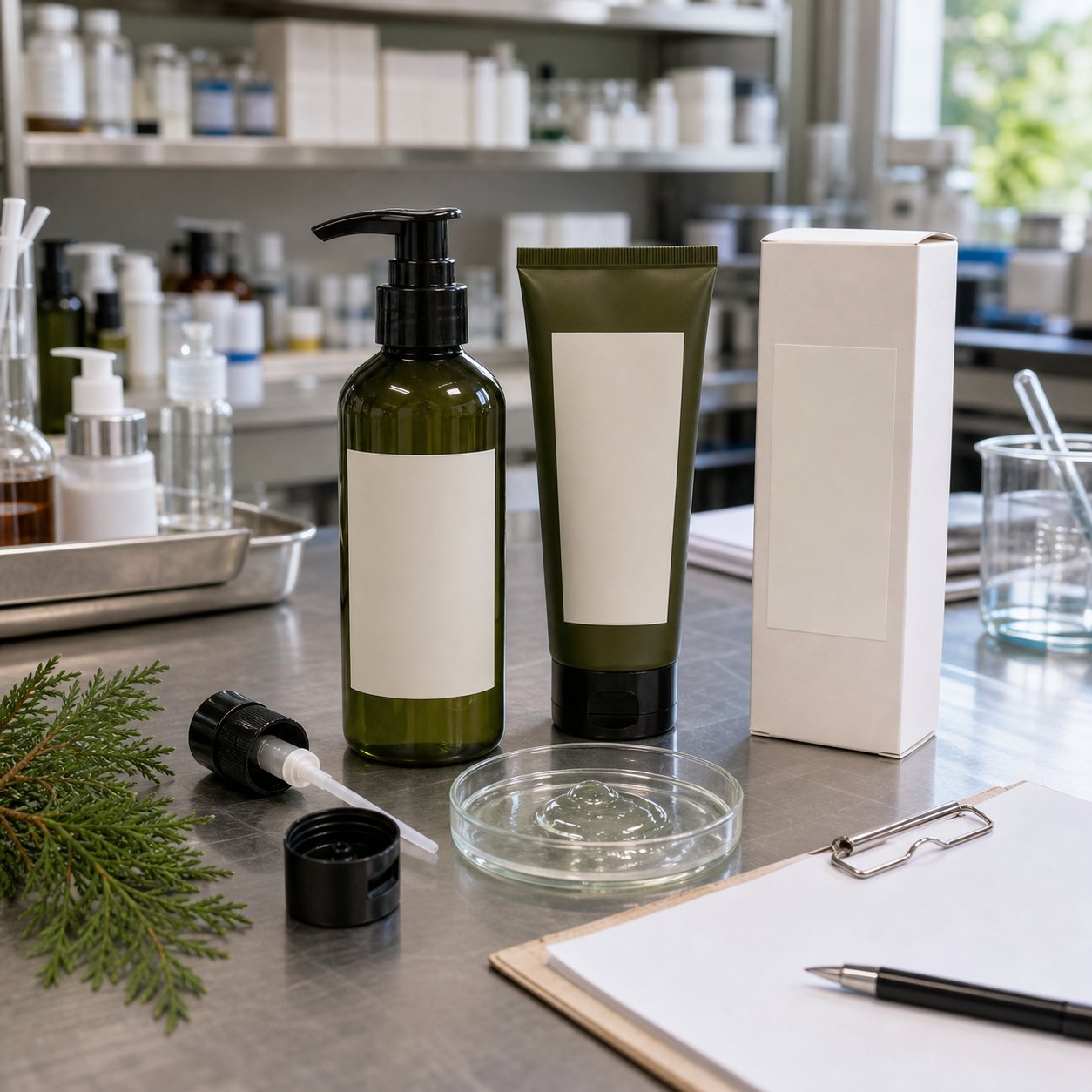 GUOCUI factory QC sample review for cedar cypress body wash with blank pump bottle tube carton label proof and gel texture dish