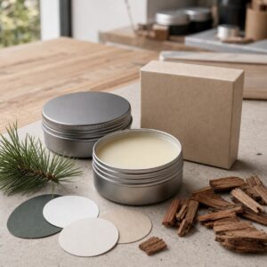Blank-label cedar pine solid cologne tin carton and scent materials for OEM buyer sample review