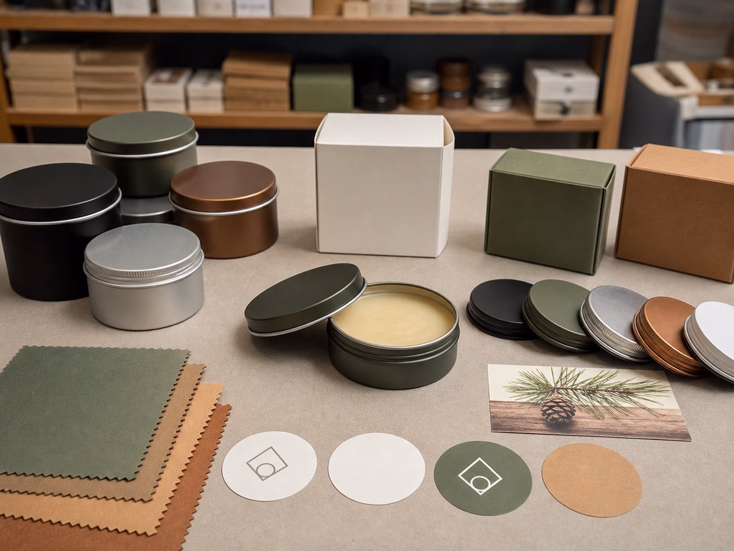 Blank metal tins cartons label swatches and material options for cedar pine solid cologne OEM projects