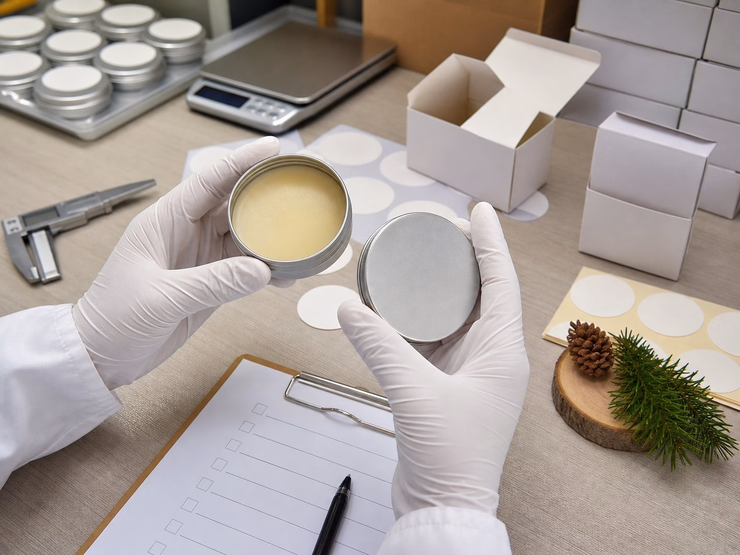 Factory QC sample review for private label cedar pine solid cologne tin label and carton