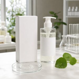 Private label centella gel facial cleanser blank pump bottle carton and clear gel texture sample for OEM buyers