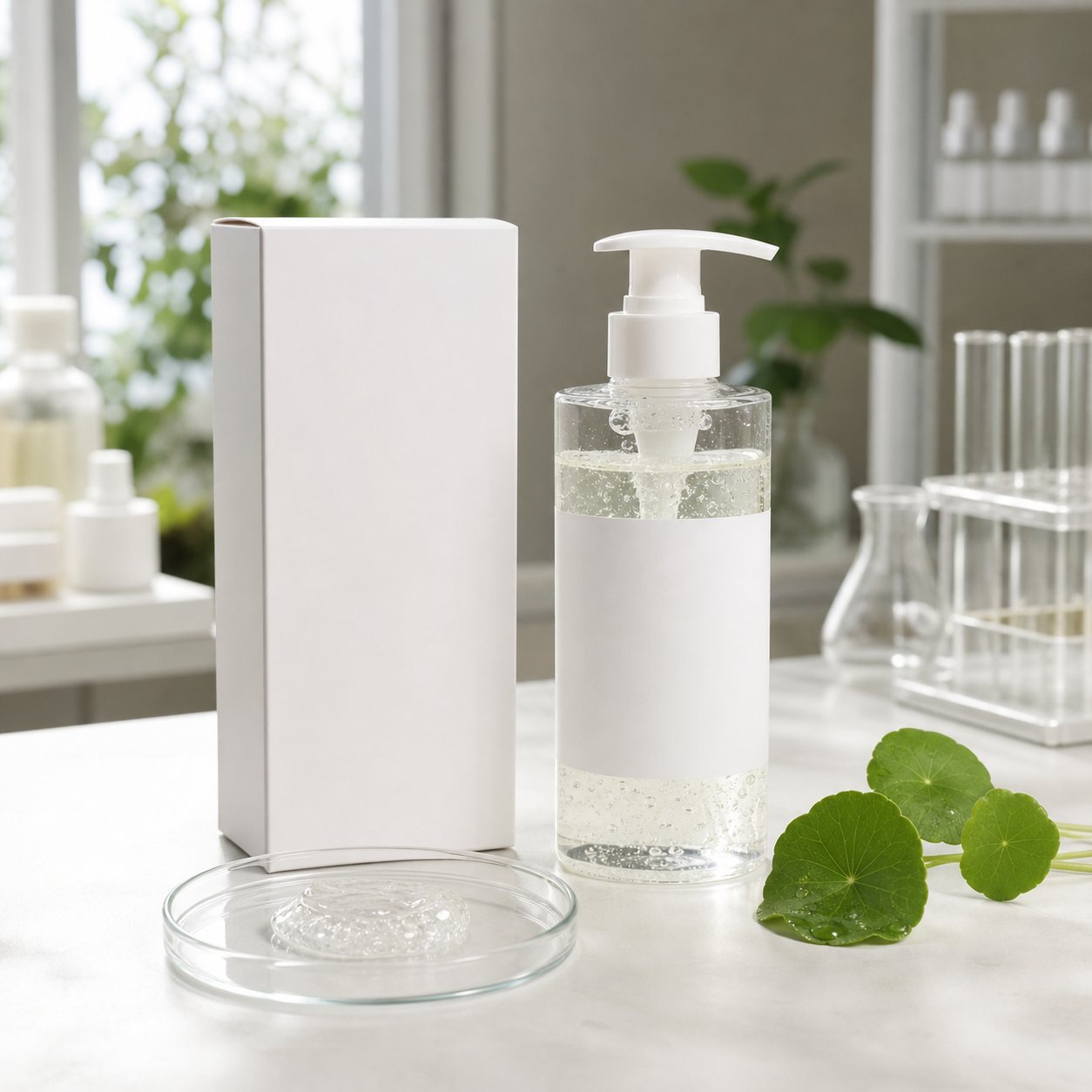 Private label centella gel facial cleanser blank pump bottle carton and clear gel texture sample for OEM buyers