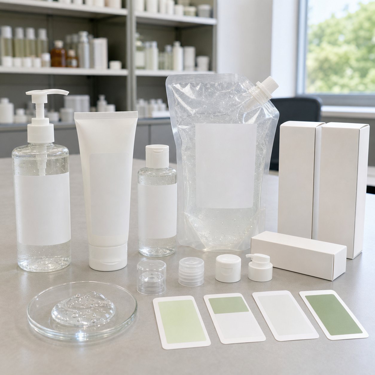 Private label facial cleanser packaging options with blank pump bottle tube refill pouch cartons label swatches and gel texture