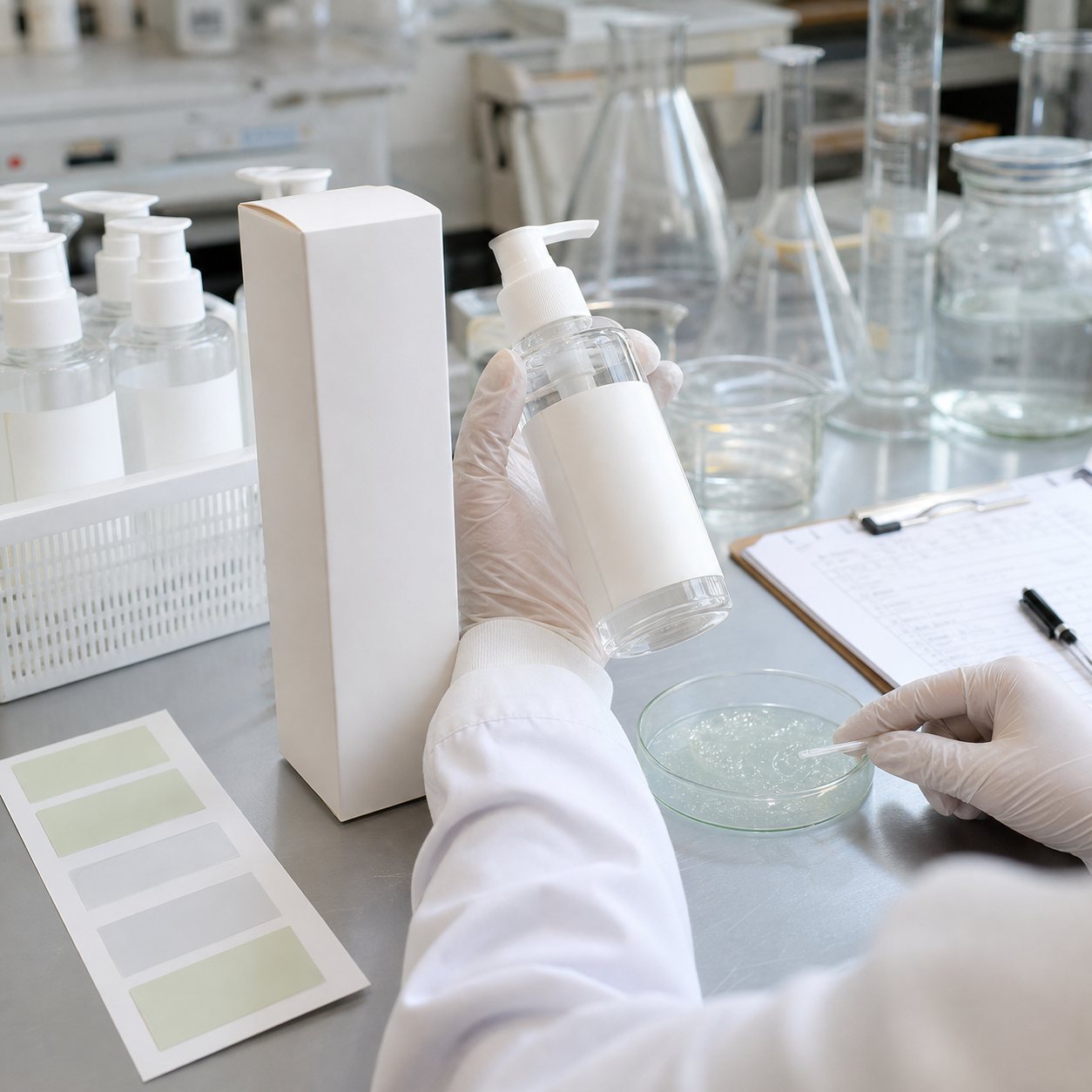 Factory QC sample review for blank label centella gel facial cleanser pump bottle carton cap fit and clear gel texture