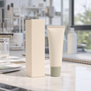 Blank-label lip care balm tube and carton on a GUOCUI factory sample review table