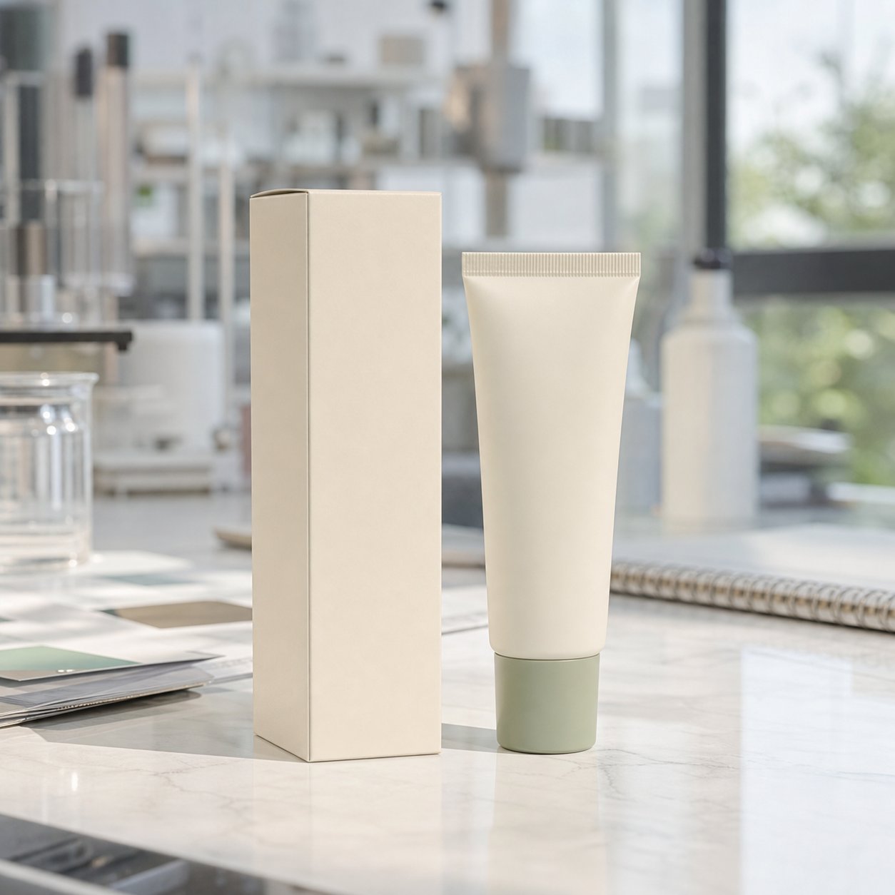 Blank-label lip care balm tube and carton on a GUOCUI factory sample review table