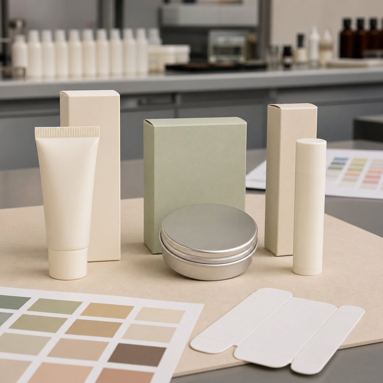 Blank-label lip balm tube, tin, and carton packaging options on a cosmetics factory approval desk