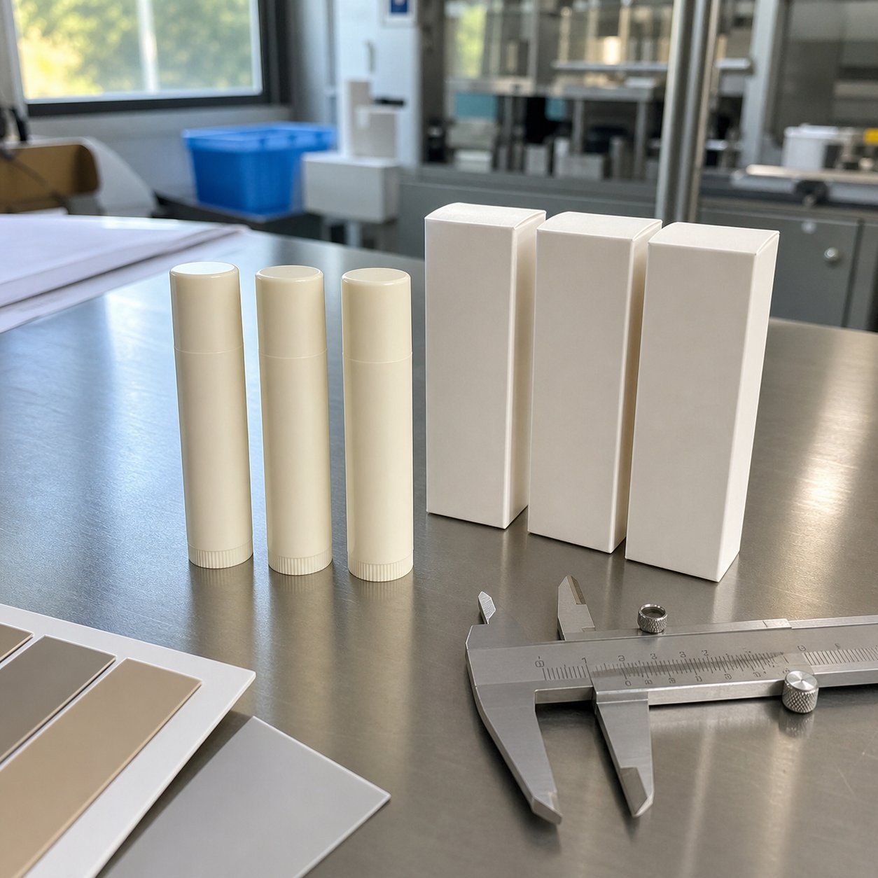 Blank-label lip balm tubes and cartons on a cosmetics QC inspection table with a caliper
