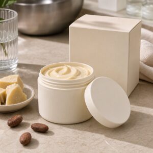 Private label cocoa butter tanning body butter blank jar and carton sample for OEM body care buyers