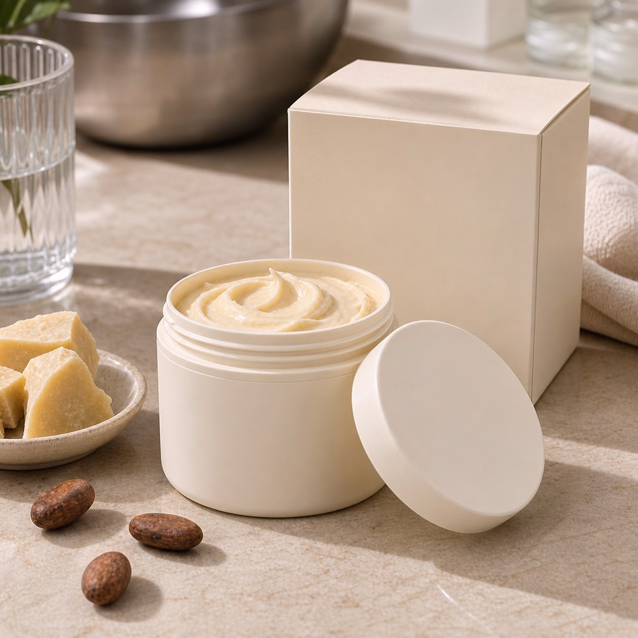 Private label cocoa butter tanning body butter blank jar and carton sample for OEM body care buyers