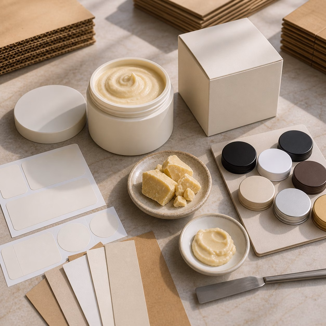 Blank jar carton cap and label material options for cocoa butter body butter private label projects