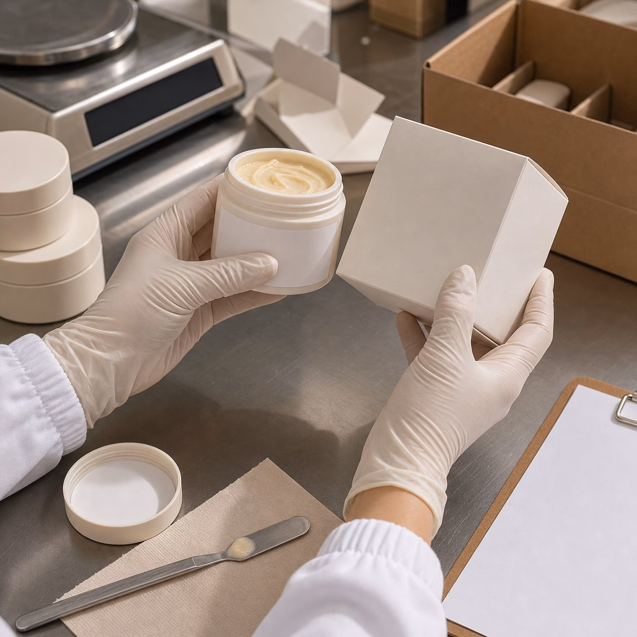 Factory QC sample review for blank label cocoa butter body butter jar and carton packaging